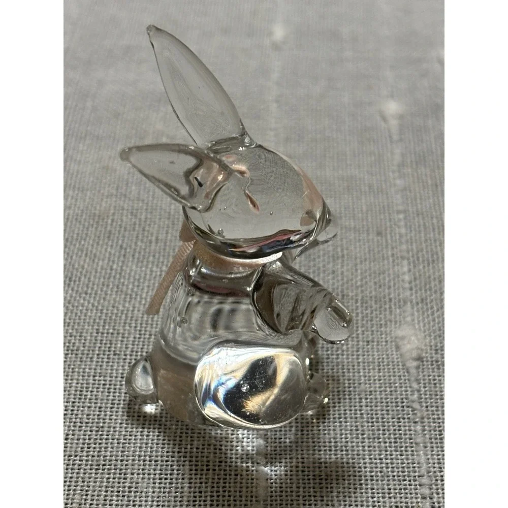 Adorable Vintage Clear Glass Small Bunny Rabbit With Pink Bow 2